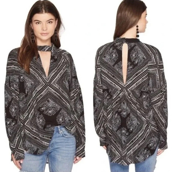 Free People Tunic Womens Small Black Walking On A Dream Boho Bandanna Grunge - Picture 2 of 10